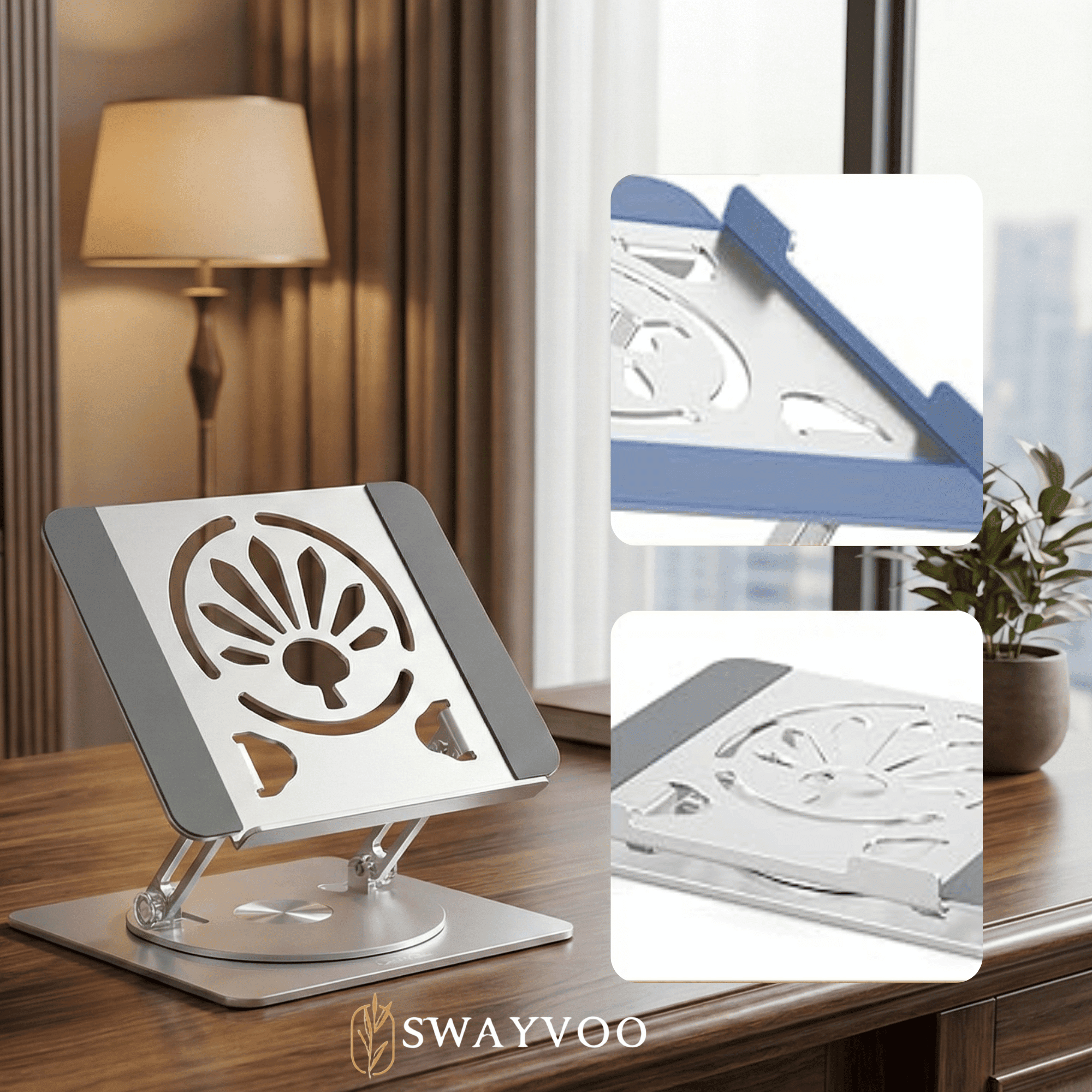 Swayvoo Laptop Stand for Desk, 360° Rotating Ergonomic Laptop Holder — Height Adjustable Foldable Aluminum Computer Stand Compatible with MacBook, Dell, HP, Lenovo, 10–16 Inch Laptops