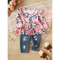 thumbnail image 7 of NZRVAWS 3 Months Infant Baby Girls Outfits Set 6 Months Girls Long Sleeve Floral Top Denim Pants Set Pink, 7 of 7