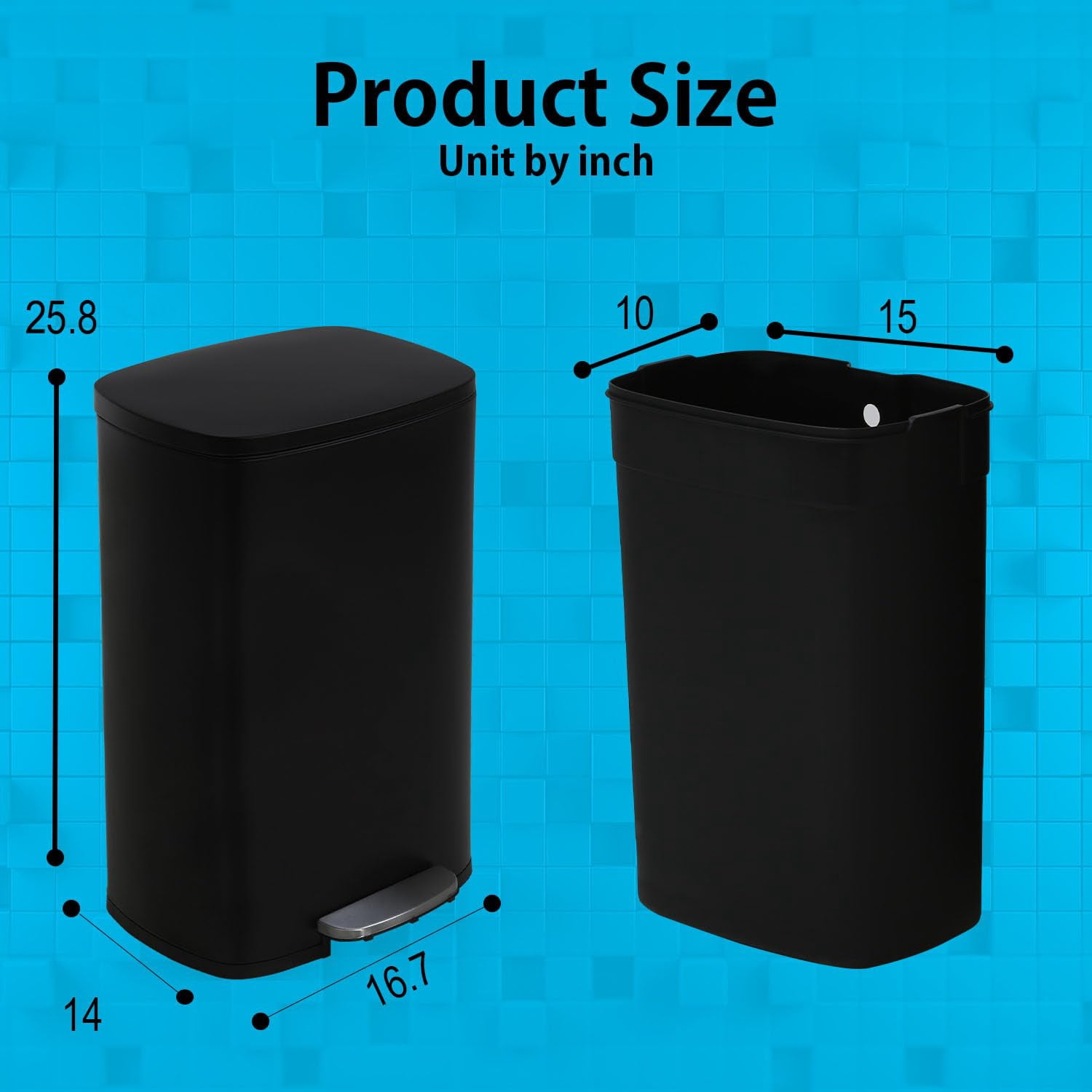 PayLessHere 13Gal Black Trash Can - Stainless Steel w/Foot Pedal & Soft Close