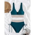 thumbnail image 3 of Women Tummy Control Swimsuits Color Block Two Piece Drawstring Bathing Suit Peacock Blue L, 3 of 7