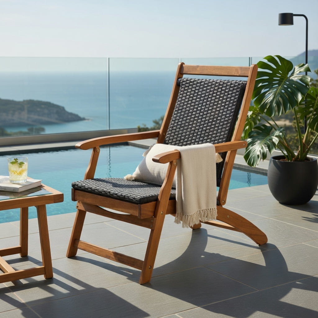 Hommoo Foldable Rattan Lounge Chair with Acacia Wood Frame, Retractable Footrest, Rustic Patio & Backyard Seating for Poolside, Garden, Deck, Brown