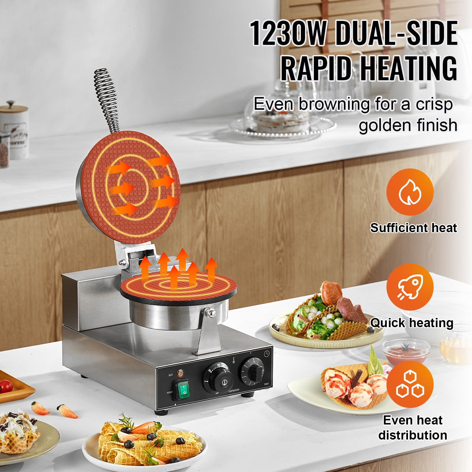 KFFKFF Electric Waffle Cone Maker, 1230W Commercial Ice Cream Cone Machine, Durable Non-Stick Stainless Steel, Adjustable Temp & Timer, with Handle, Ideal for Cafes, Bakeries, Home Use