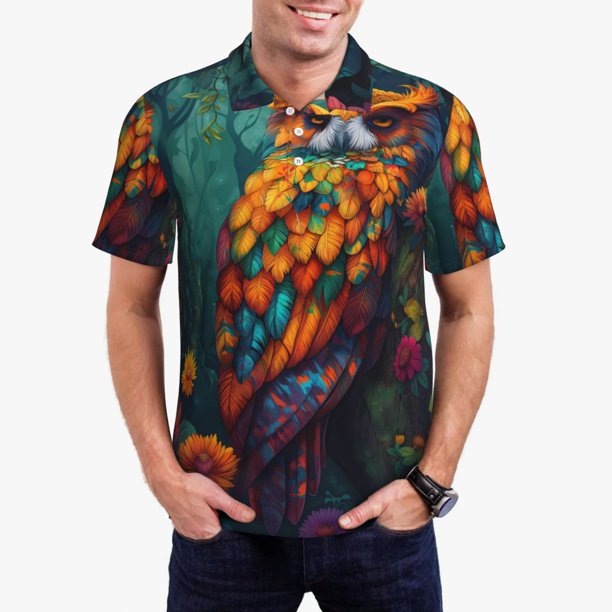 Fotbe Colorful Owl Forest Camiseta Polo de Golf para Hombre con Estampado – Camisa Deportiva Transpirable con Cuello Abotonado-Small