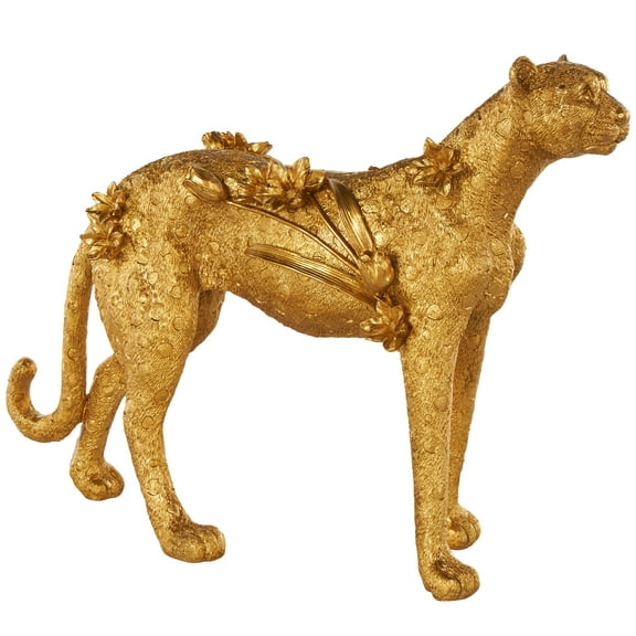 25" x 17" Gold Resin Standing Leopard Sculpture with Textured Spots and Floral Accents, by DecMode