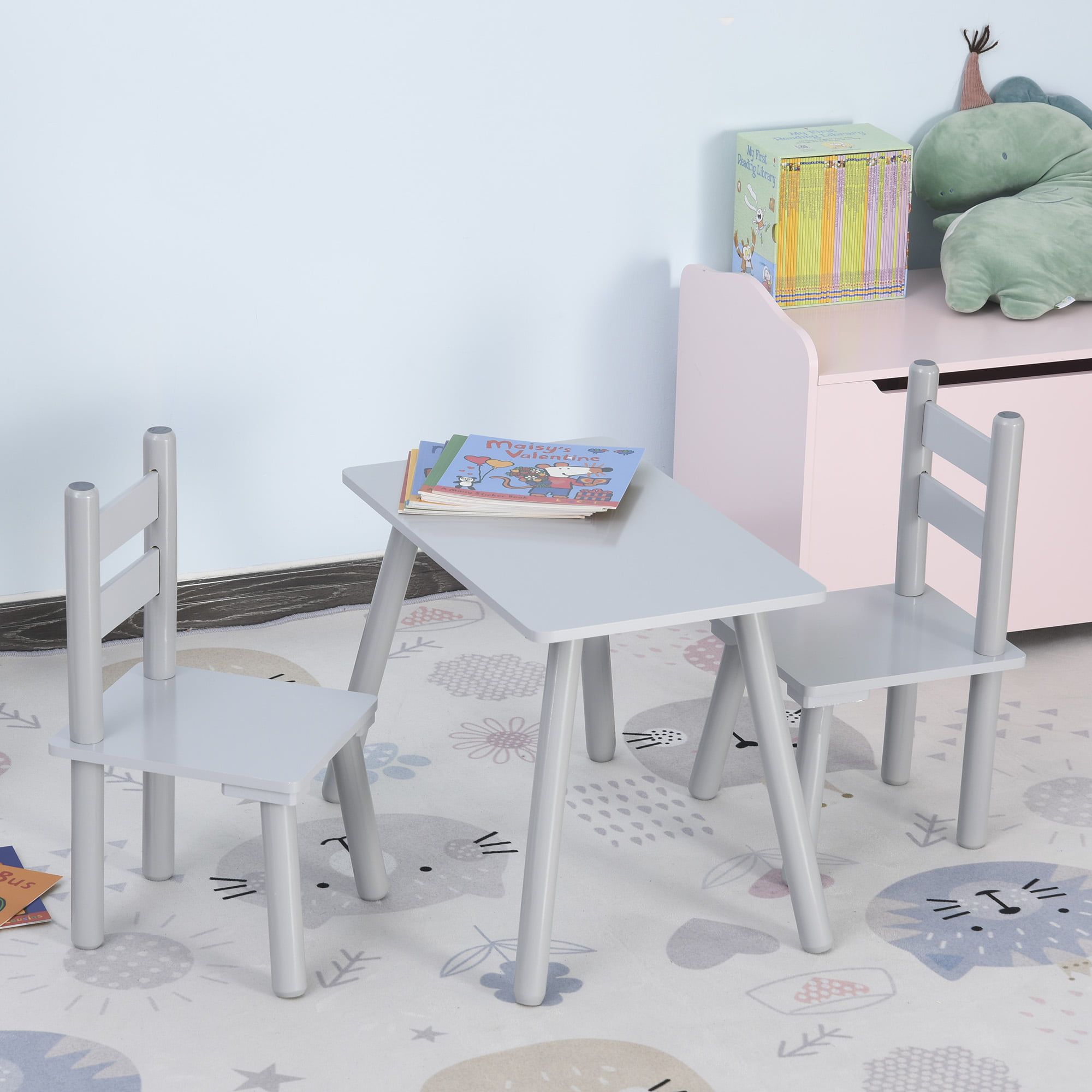 Grey and White Qaba 4-Piece Set Kids Wood Table Chair Bench with Storage Function Toddlers Age 3 Years up