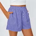 thumbnail image 2 of Costeam Womens Vertical Striped Casual Shorts Ruffled Smocked Elastic Waist Fake Front Button Detail Side Inset Pockets Lightweight Crinkle Woven Fabric Loose Fit Summer Sleep Short Bottoms, 2 of 6