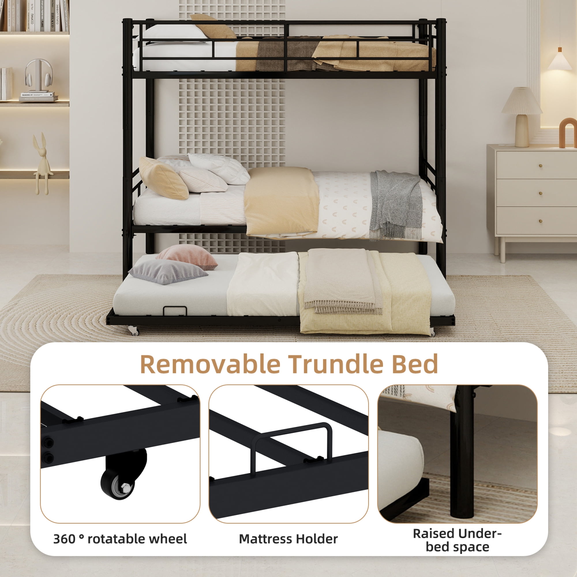 Leumius Twin over Twin Bunk Bed with Trundle,Heavy Duty Metal Bed Frame with Full-Length Guardrail and Ladders for Kids/Teens/Adults,Space-Saving,Black