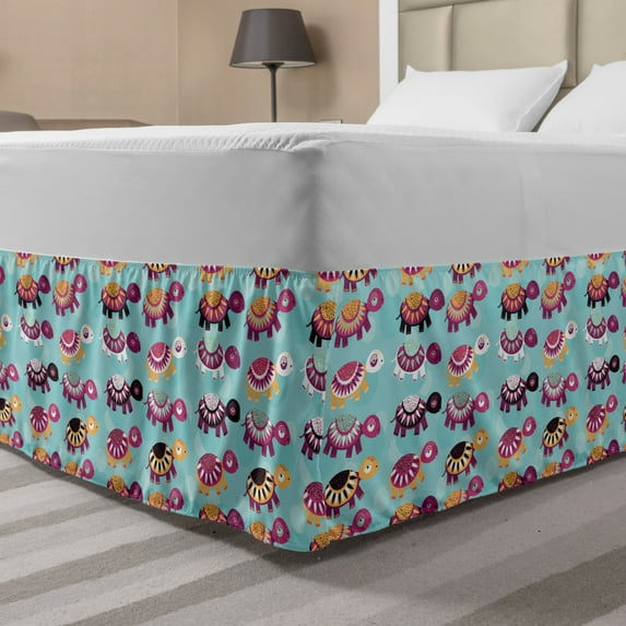 Turtle Bed Skirt, Baby Animals in Different Colors with Ornaments on Their Backs, Elastic Bedskirt Dust Ruffle Wrap Around for Bedding Decor, 4 Sizes, Pale Blue and Multicolor, by Ambesonne