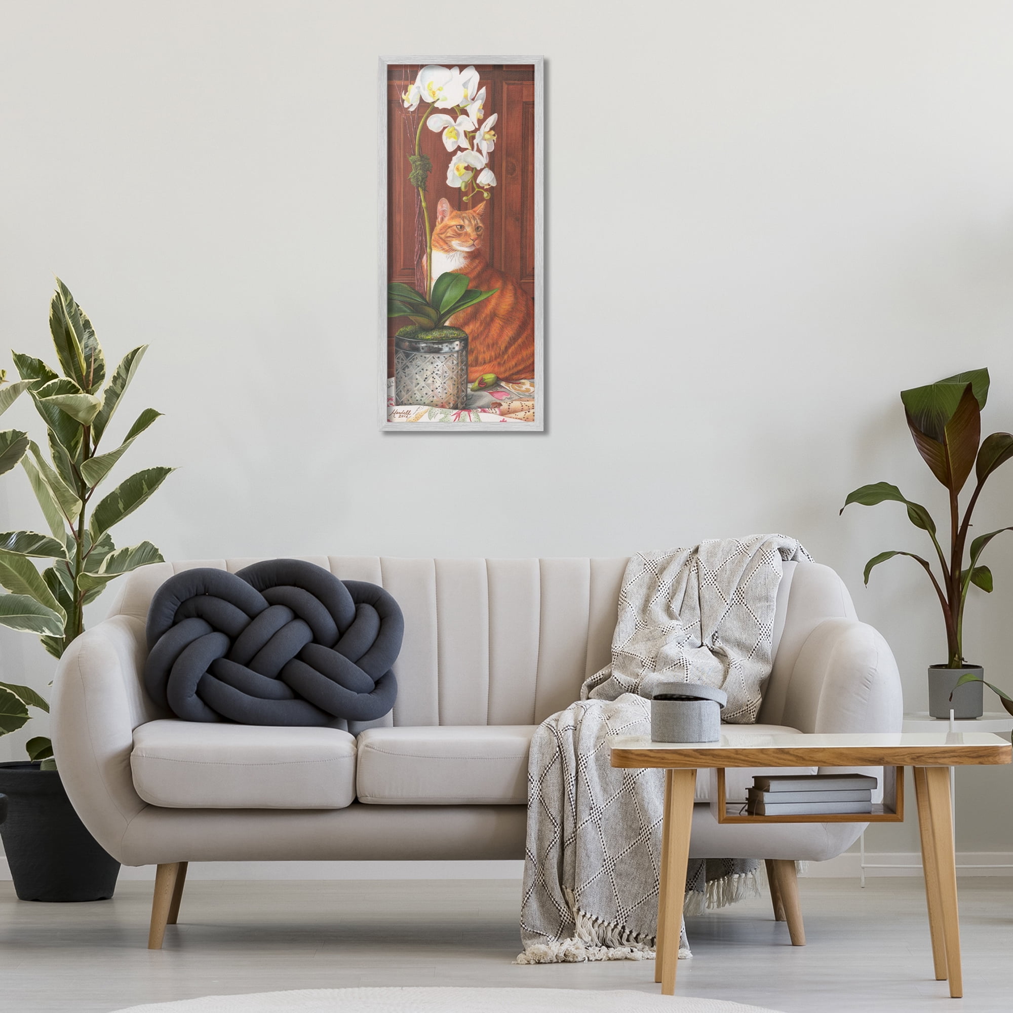 Stupell Industries Cat & Orchid Flower Animals & Insects Painting Gray Framed Art Print Wall Art, 13 x 30