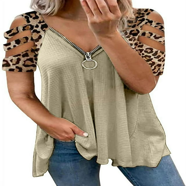 Women T-shirt Leopard Printed Pattern Short Sleeve V-neck Tops