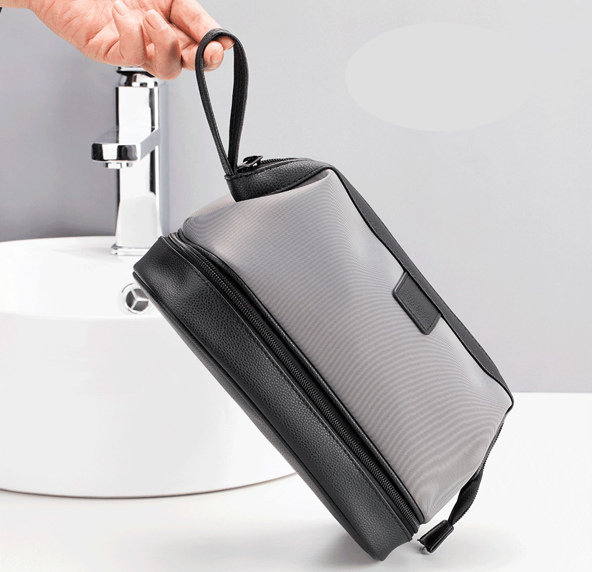 Mens Toiletry Bag Travel Dopp Kit, Wet and Dry Separation Bathroom Shaving Pouch,PU Leather Shower Toileties Organizer-Black