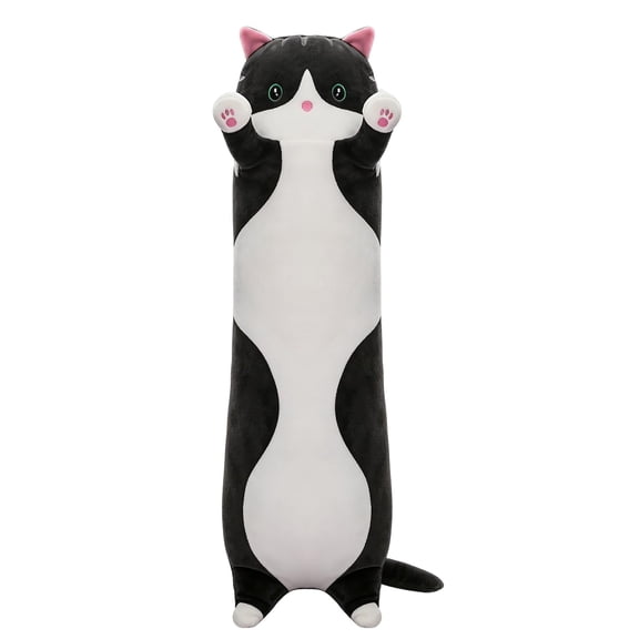 Long Cat Plush Throw Pillow, Soft Stuffed Body Cushion for Sofa Bed Decor, Decorative Plush Pillow, 2‑Size Options 19.7 Inch / 27.5 Inch, Black & Pink Available