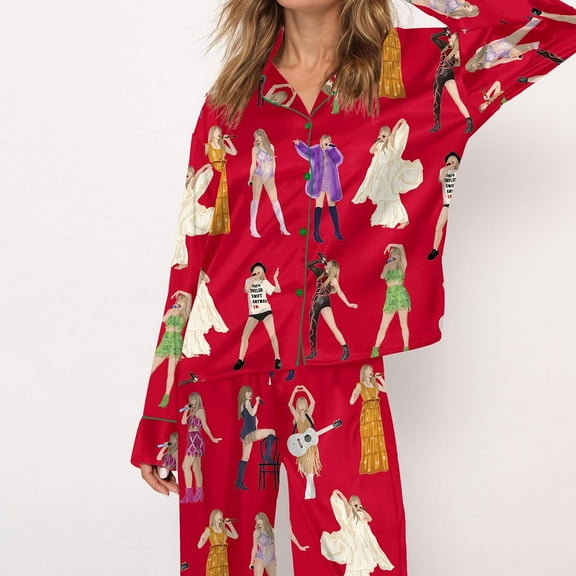 SheShow Music Artists Tour Silky Casual Long Sleeve Pajama Set for Women, Red, M
