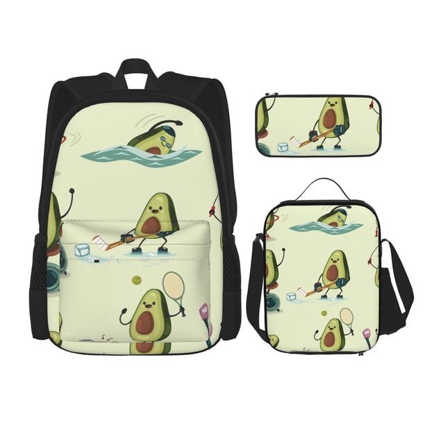 Easygdp Avocado for Exercise Mochila para Niños y Niñas con Set de Caja de Almuerzo y Estuche para Lápices 3 en 1, Mochila Escolar Estampada para Adolescentes