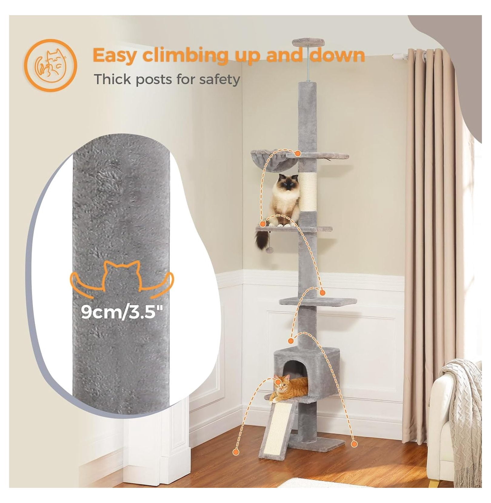Floor to Ceiling Cat Tree, Tall Cat Tower Adjustable Height 83-108", 5 Levels Cat Climbing Tree with Condo & Hammock, Scratching Post, Grey