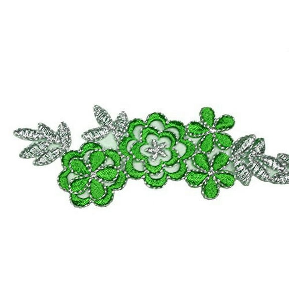 1.75" Embroidered Floral Green with Silver Metallic by Yard