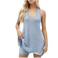 thumbnail image 2 of 2 Piece Knitted Set For Women Crew Neck Backless Tank Tops Elastic Waist Slim Shorts Casual Comfy Outfits (L, Light Blue), 2 of 8
