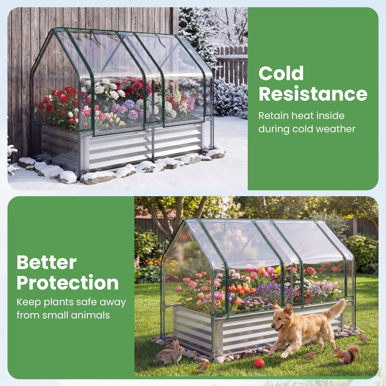 Gymax 4 x 2 x 3 FT Small Galvanized Raised Garden Bed w/Greenhouse Cover Windows Sliver & Transparent