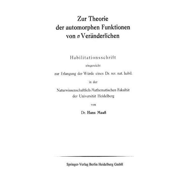 Zur Theorie Der Automorphen Funktionen Von N VerÃ¤nderlichen, (Paperback)