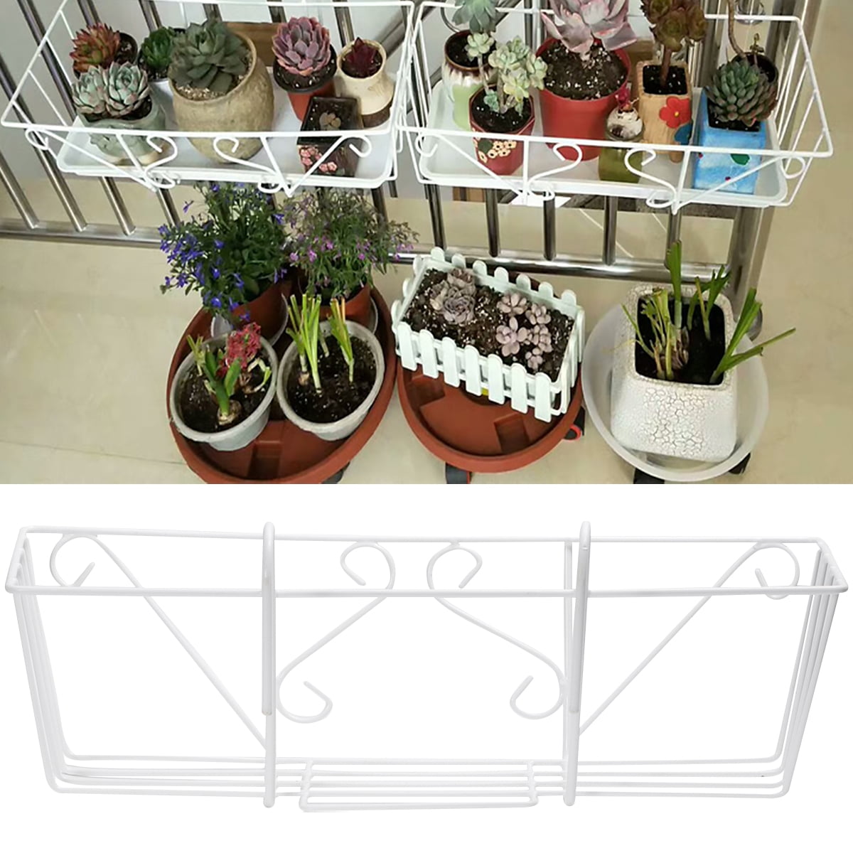 Rectangular Metal Stand Balcony Hanging Window Box Over Deck Railing Planter Basket Flower Pot Holder Stand for Rail Fence White
