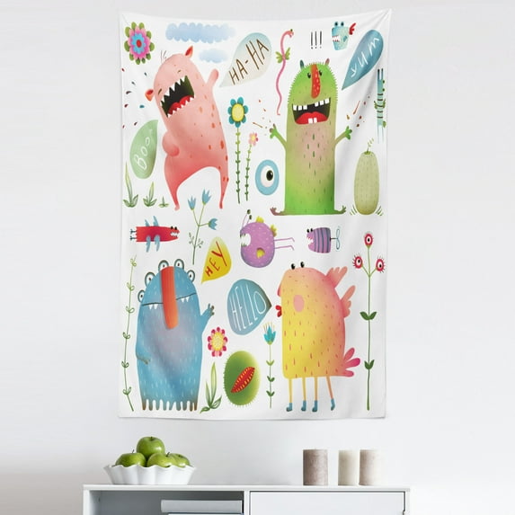 Funny Tapestry, Imaginary Creatures Fun Colorful Laughing Monsters Flowers Cartoon Art, Fabric Wall Hanging Decor for Bedroom Living Room Dorm, 5 Sizes, Green Blue, by Ambesonne