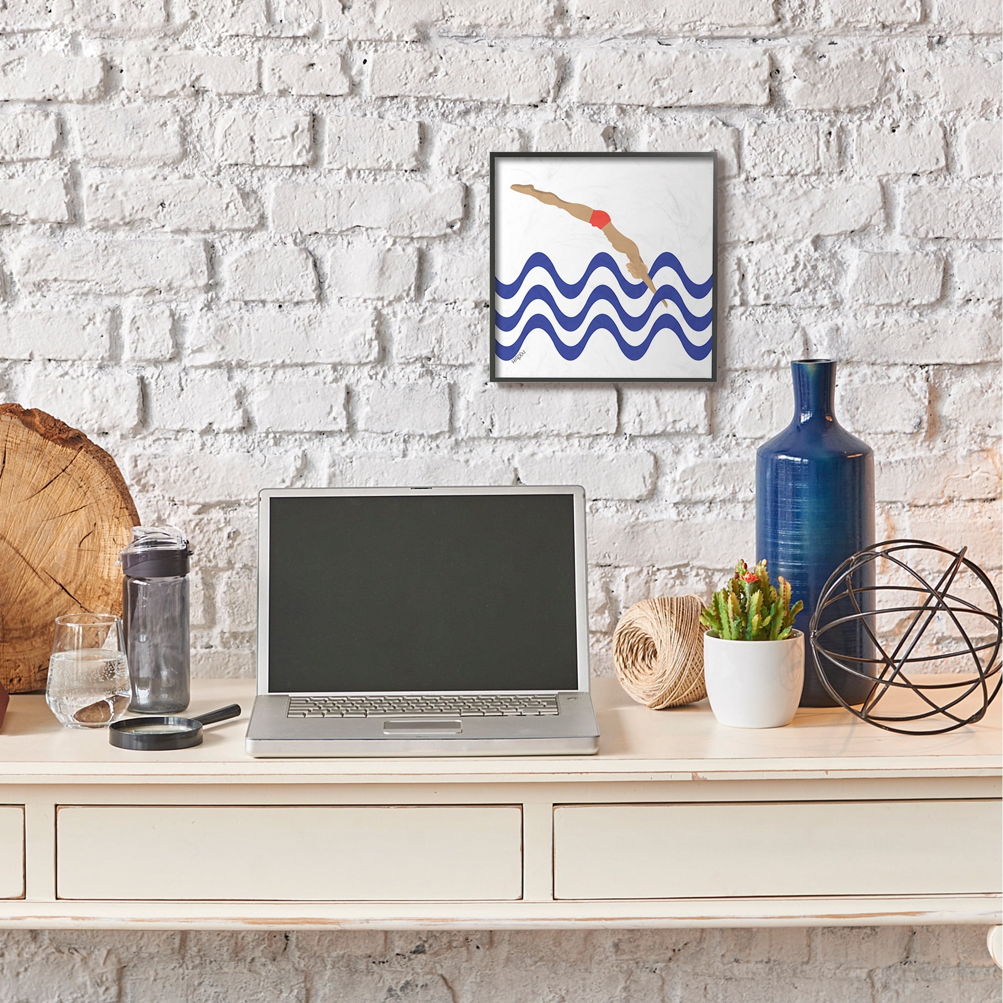 Stupell Industries Minimal Male Diver Abstract Blue Nautical Waves Black Framed by Mark Higden