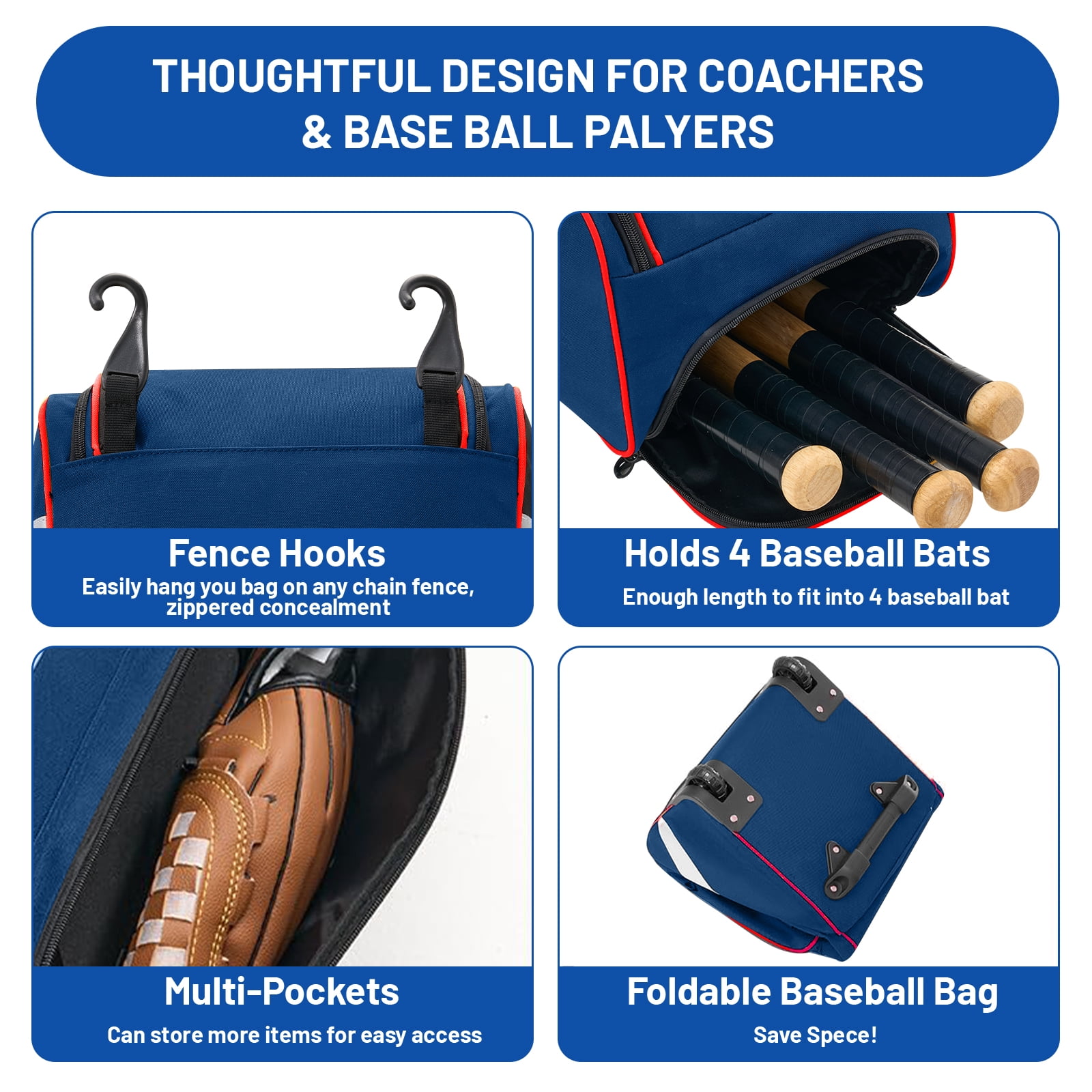 Fegat Large Catcher Gear Bag With Wheels, Soft Rolling Baseball Bag for 4 Bats, Portable Baseball Catcher Bag With Wheels, Multi-Pockets, Fence Hook, Holds All Softball Baseball Equipment