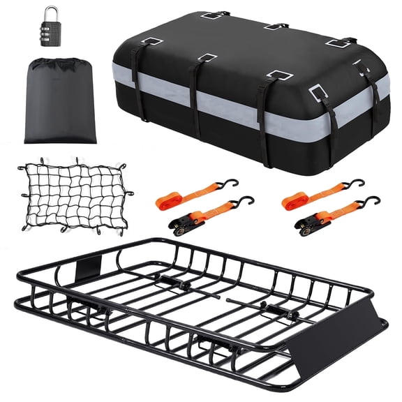 Birodeko 64"x36"x5" Universal Roof Rack Basket with 20 Cu Ft Waterproof Cargo Bag, 250lbs Capacity Rooftop Cargo Carrier Bundle for SUV, Truck & Van