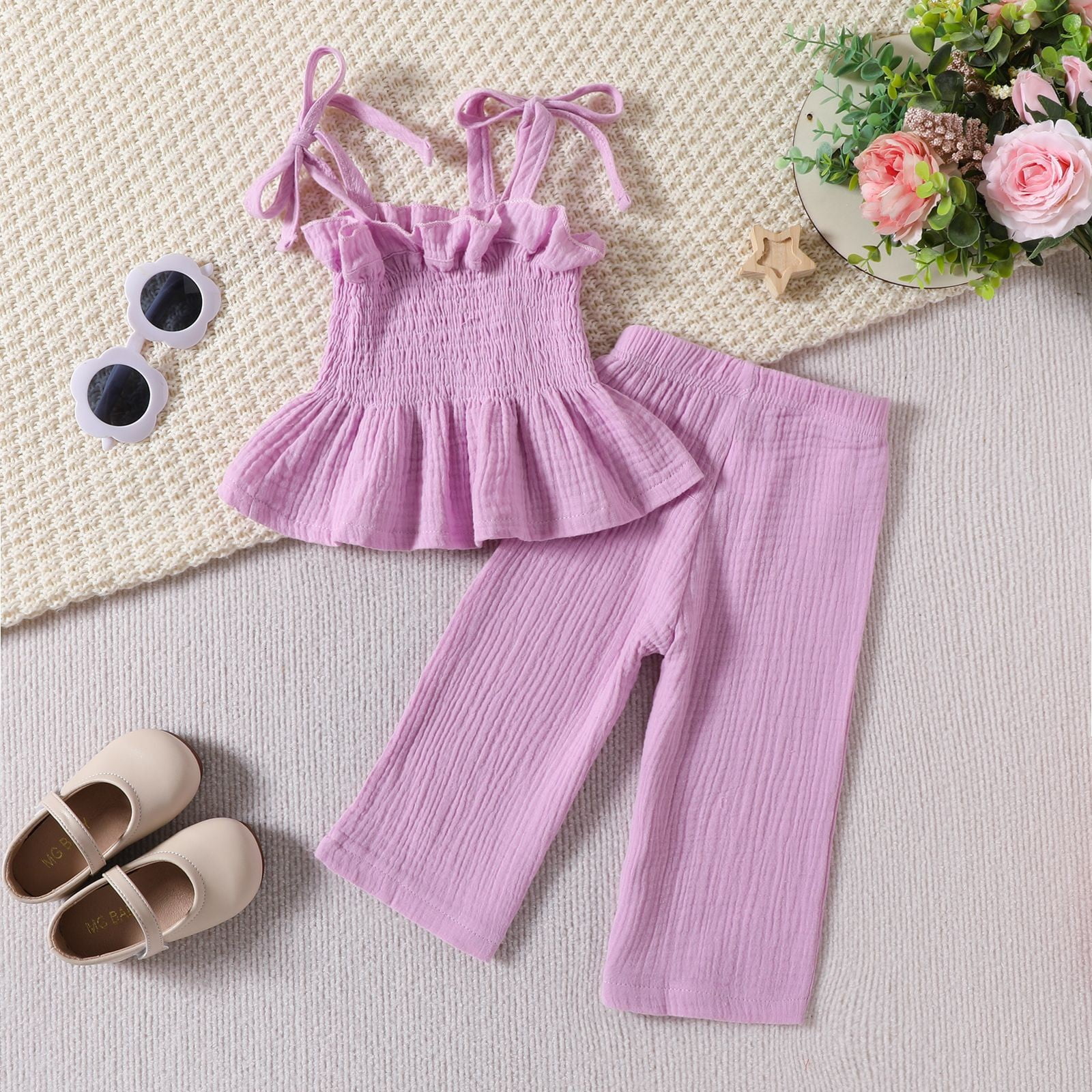 HUCOAE 3 Year Old Girl Outfits Baby Girl Clothes 12 Months Baby Toddler Girls Clothes Solid Color Sleeveless Camisole Linen Pants Set Baby Summer Outfits Purple 12-18 Months