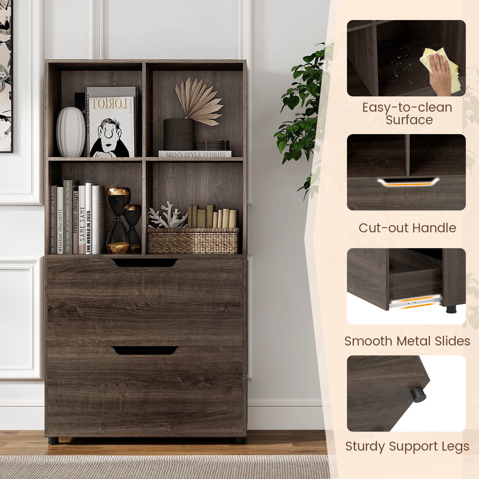 Costway 2 PCS 4-Cube Bookcase with 2 Drawers, Tall Freestanding Bookshelf for Living Room Gray