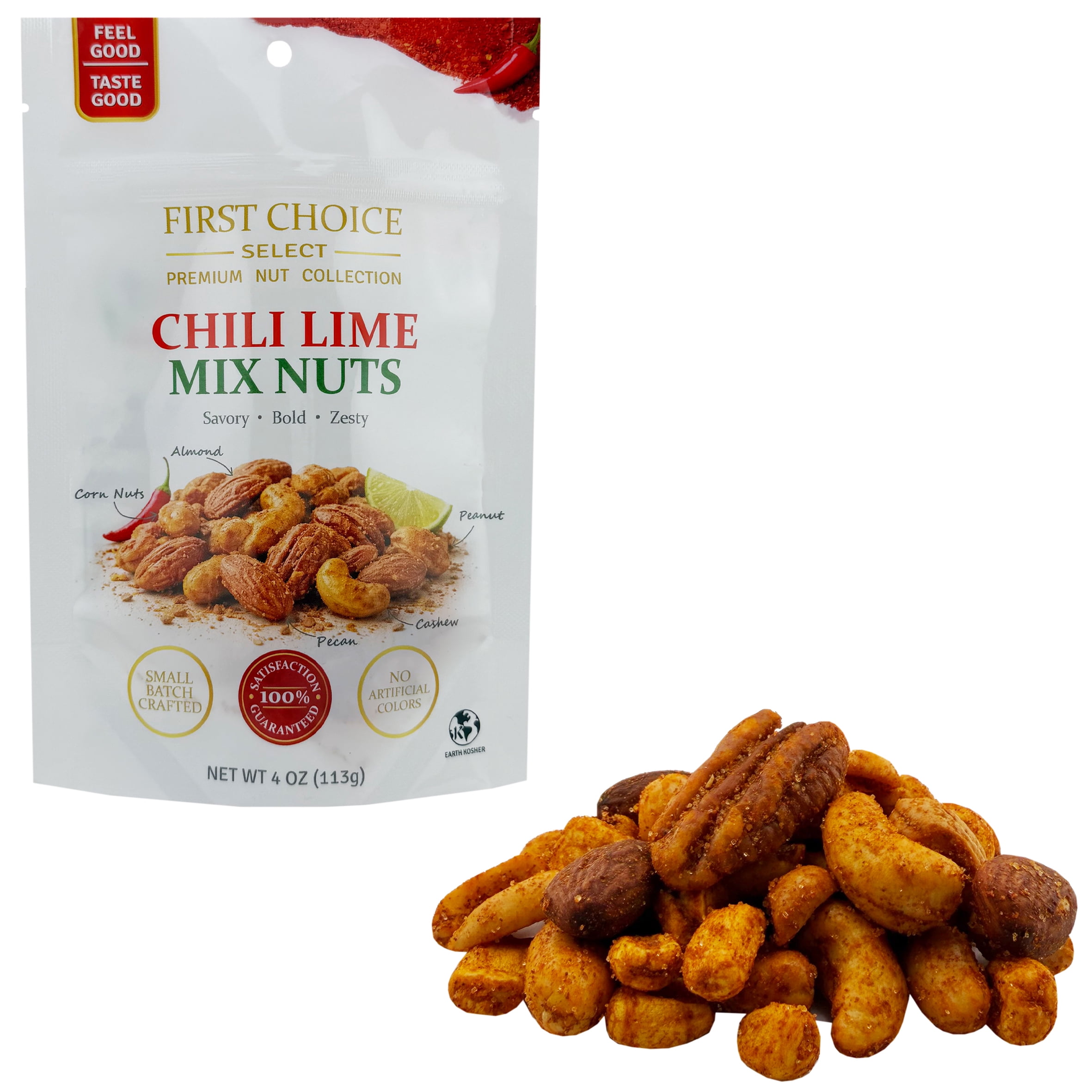 Chili Lime Mixed Nuts & Corn Nuts Snack Mix, Spicy Roasted Variety (Peanuts, Cashews, Almonds, Pecans), 4 oz Bags, Pack of 6