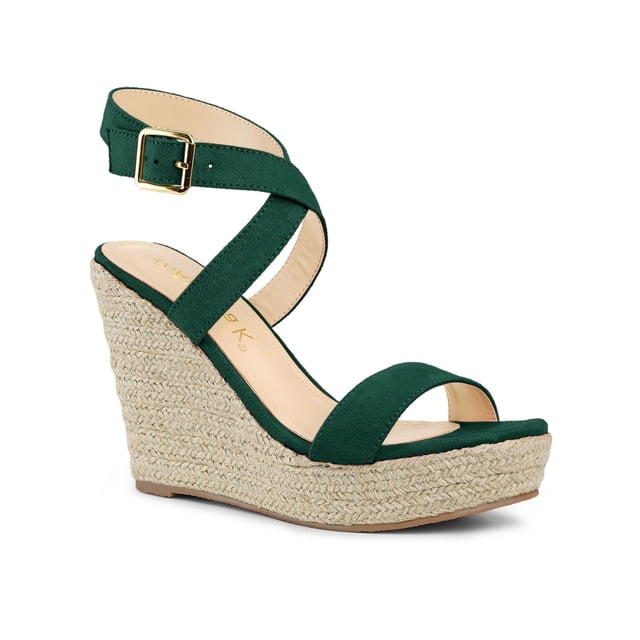 BLISSFUL STEP Chaussures pour Femmes Sandales Espadrilles à Talon Compensé Slingback à Brides Croisées Vert 6