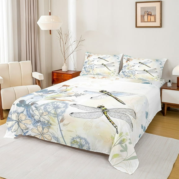 Manfei Cute Dragon Twin Sheet Sets,Rustic Flower Dandelion Twin Fitted Sheet,Yellow White Flat Sheet For Girls Kids,Breathable Home Decor,3-Piece