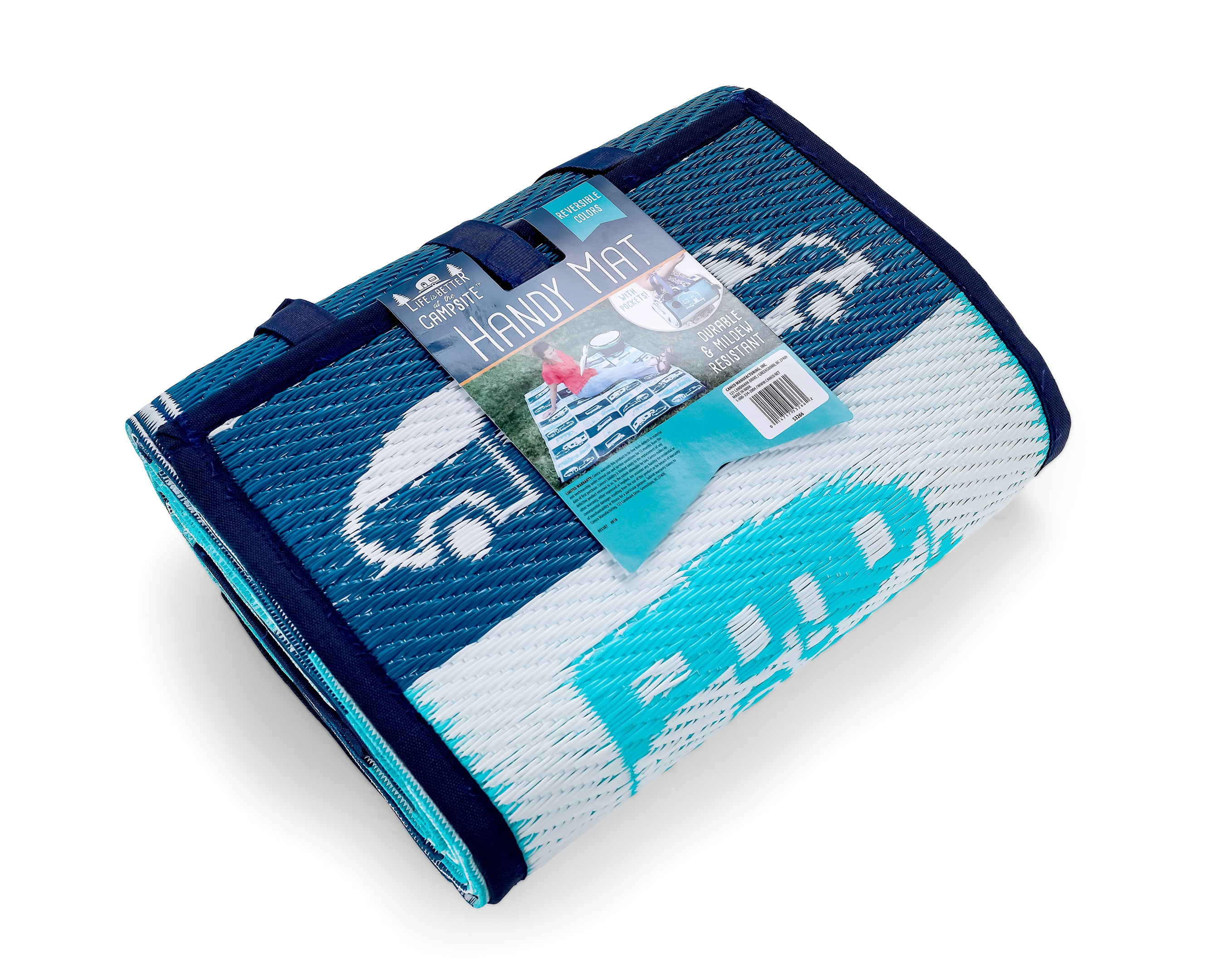 Camco Life is Better at The Campsite Handy Mat with Strap | 60"x 78" | Blue Reversible RV Pattern (53266)