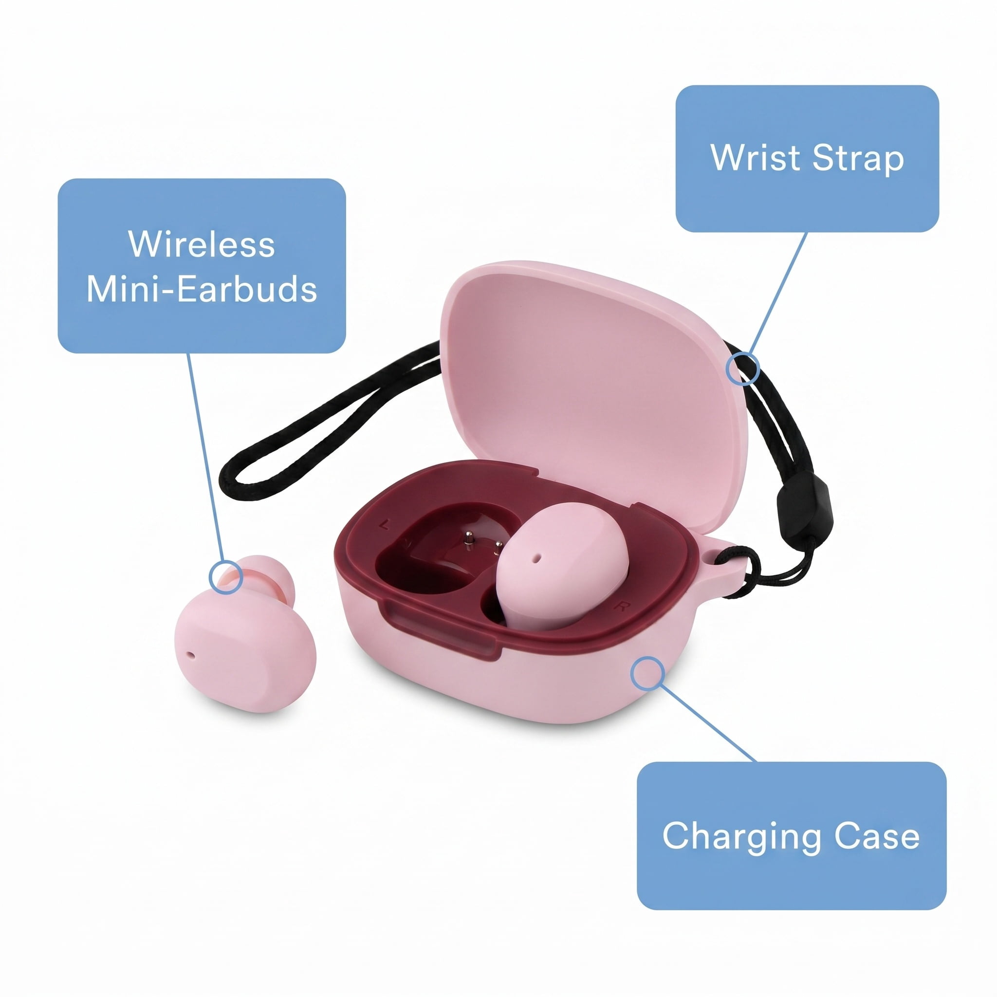 onn Wireless Mini-Earbuds with Wrist-Strap, Pink