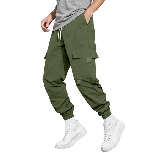 Pantalones cargo para hombre con cordón elástico en la cintura, pierna recta, bolsillos laterales y traseros, poliéster ligero, para uso informal/deportes al aire libre, tallas S-XXL