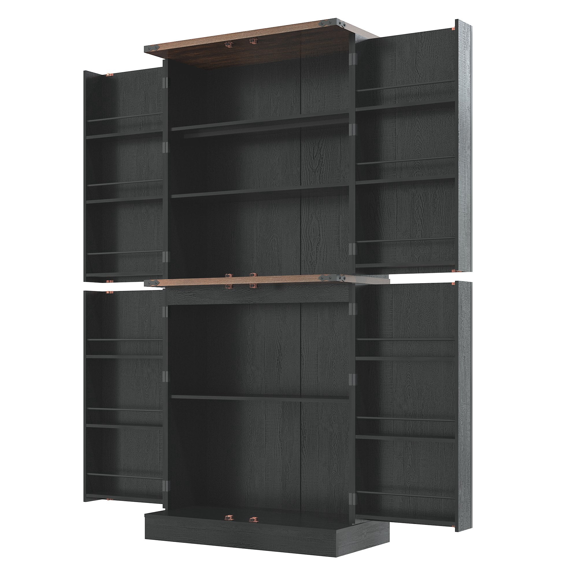 71" Tall Farmhouse Kitchen Pantry with 12 Side Shelves & Adjustable Shelves, 5 Layers Pantry Storage Cabinet w/Load-Bearing Steel Pipe & 4 Barn Doors for Kitchen, Dining Room, Living Room, Black