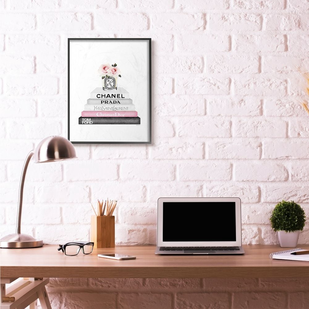 Stupell Industries Pink Flower Black Bookstack Glam Fashion Design Framed Wall Art by Amanda Greenwood