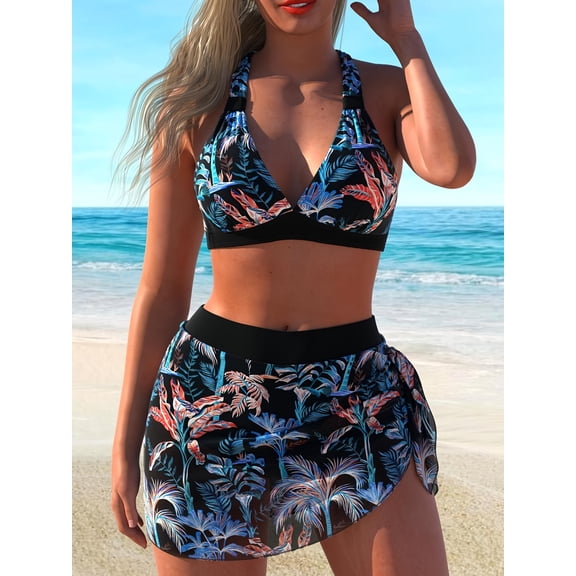 Women's Plus Size Tropical Print Halter Bikini Top & Skirted Bottom 2-Piece Swimsuit Set