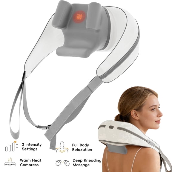Cordless Neck Massager with Heat, Rechargeable Wearable Shoulder Massager, 3-Level Temperature Control, Ergonomic Design, Detachable Washable Cover