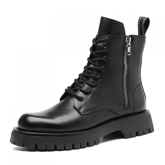 Men'S Genuine Leather Platform Combat Boots Fashion Lace Up Side Zipper Lug Sole Non-Slip High Top Motorcycle Boots Comfort Outdoor Waterproof Soft Sole Work Ankle Booties