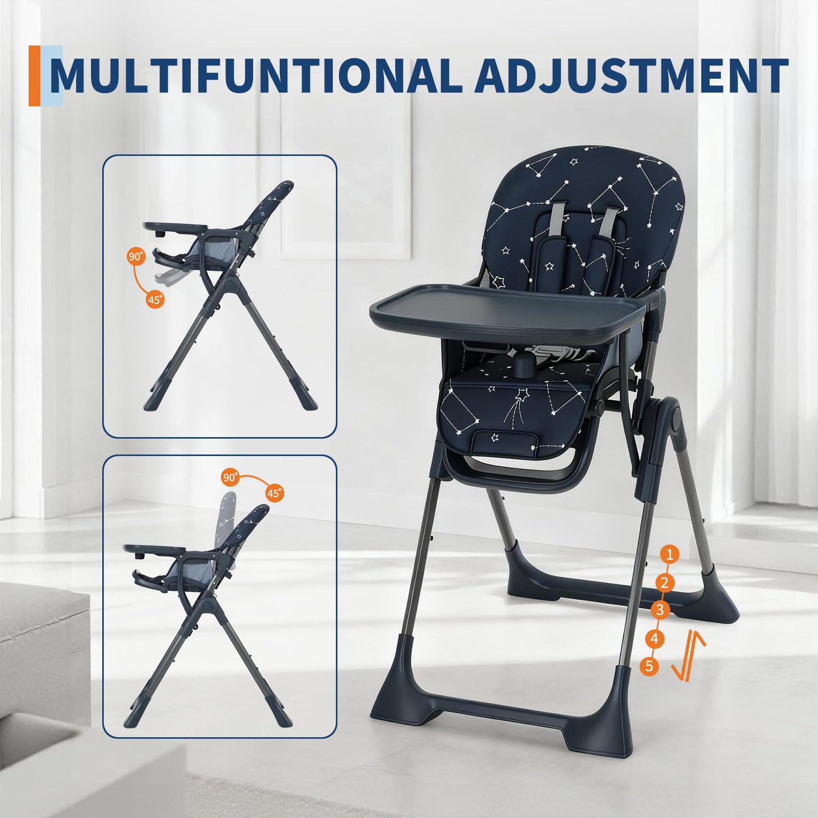 Baby High Chair,Foldable High Chair for Babies and Toddlers,Height Adjustable Feeding Chair, Adjustable Backrest and Footrest,Easy Assembly