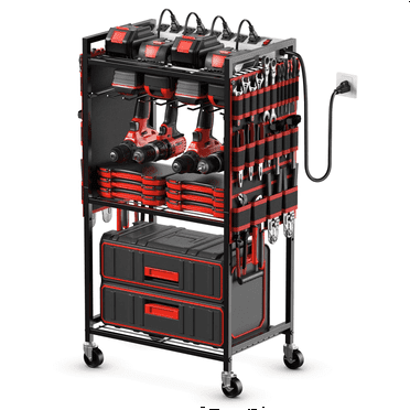VILONG Heavy Duty Rolling 3-Tier Power Tool Organizer Storage Cart with 8-Outlet Charging Station, 15A/1875W for Garage, Black