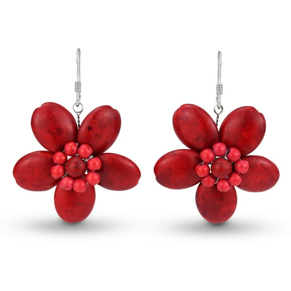 AeraVida Red Tropical Flowers Simulated Coral Fishhook Dangle Earrings