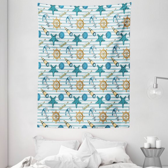 Nautical Decor Tapestry, Marine Sea Striped Background with Anchor Wheel Starfish Seashell Figures, Wall Hanging for Bedroom Living Room Dorm Decor, 60W X 80L Inches, Blue Apricot, by Ambesonne