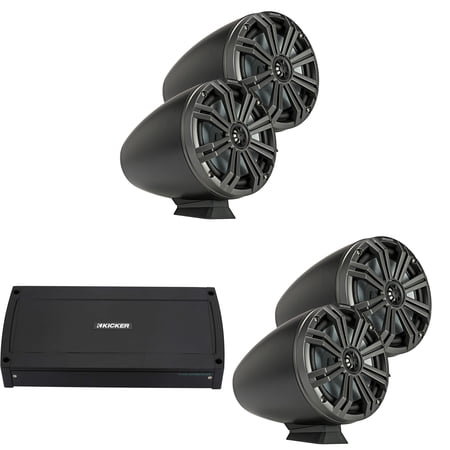 Kicker 8 Black Flat-Mount KMFC8 LED Marine Speakers 2-Pair with 800 Watt Marine Amplifier
