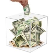 UPOUART Clear Transparent Cube Bank for Secure Money Saving and Cash Storage, Clear Plastic Box