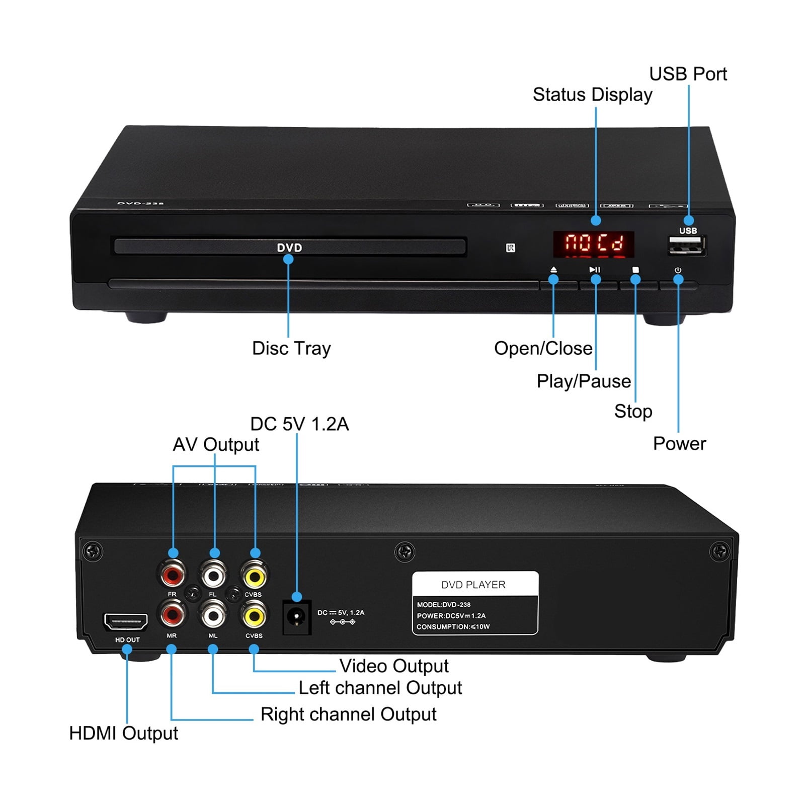 DVD-225 Home DVD CD Player - Digital Multimedia Disc Player with AV Output & Remote Control ,Plug & Play Portable