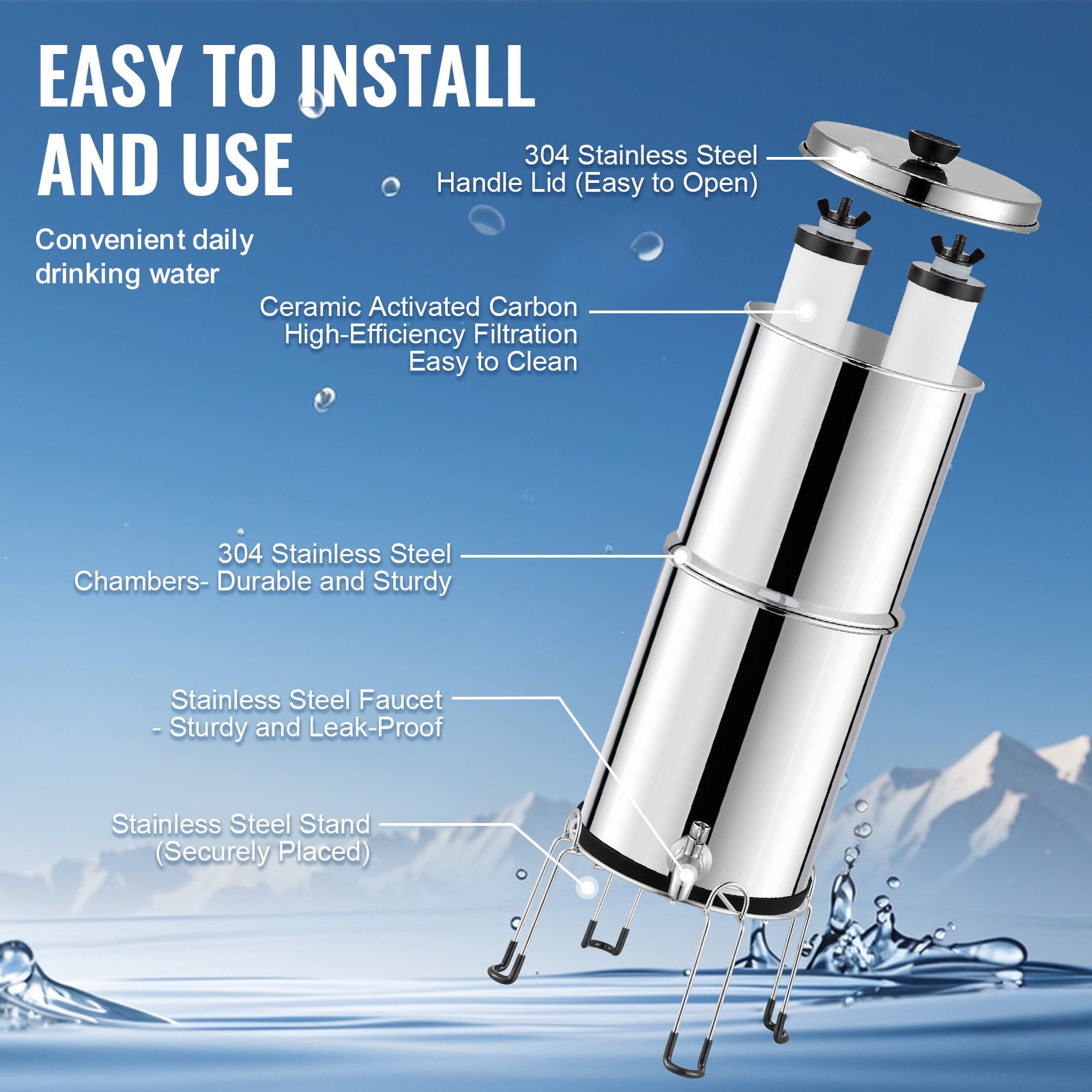 KFFKFF Water Purification Unit, Gravity-Driven, 2.25G 304 Stainless-Steel Tabletop Water Cleaner, Minimizes Lead and up to 99% of Chlorine, Includes 2 Ceramic Carbon Filters, Faucet, and Support