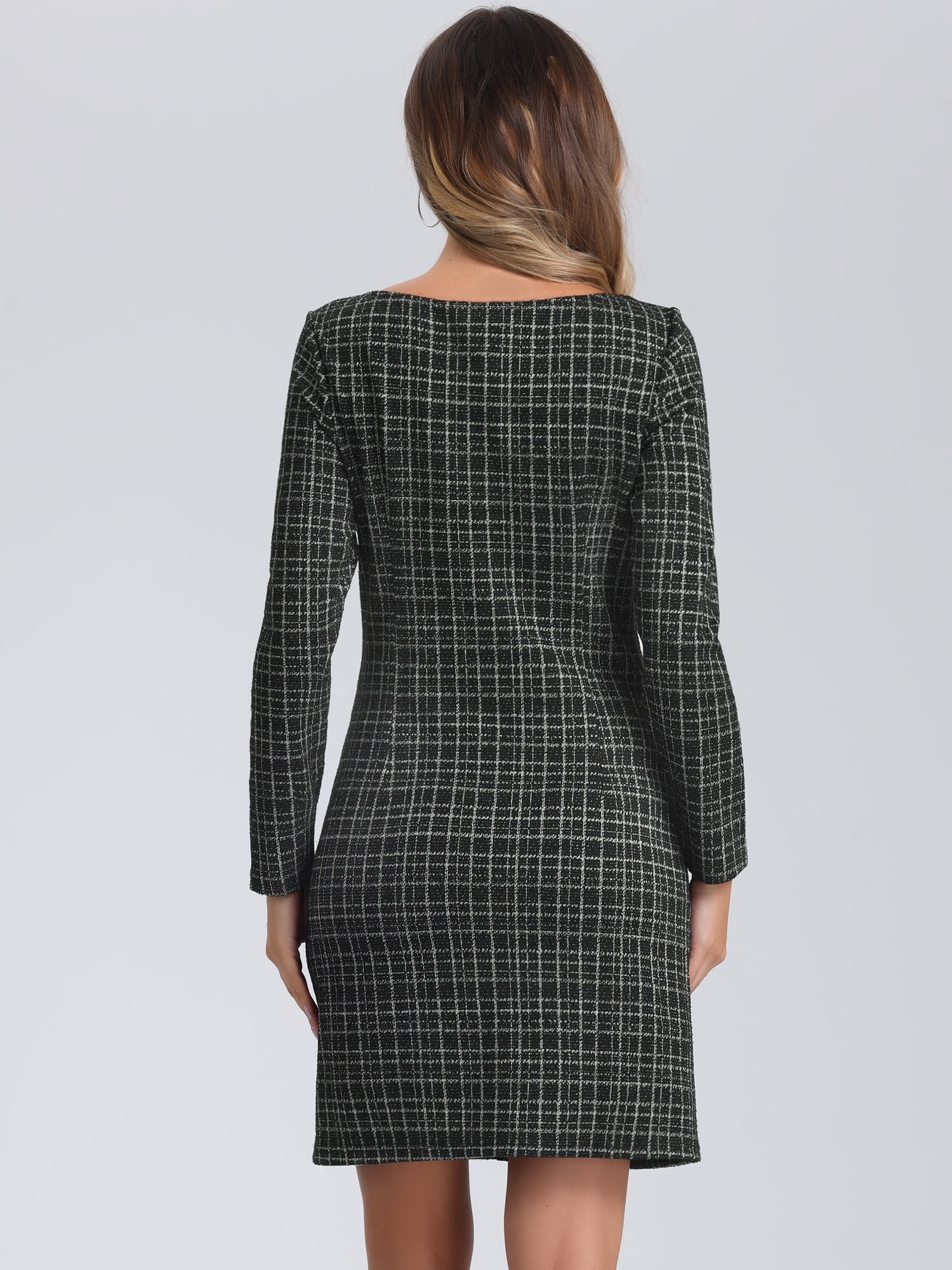 DARING DIVA Tweed Long Sleeves Square Neck Elegant Dress M Black